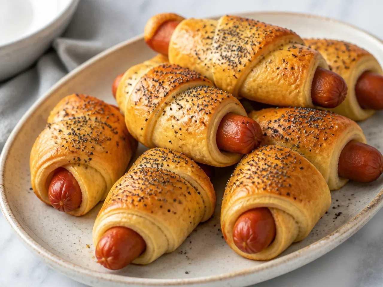 Poppy seed butter crescent pigs in a blanket with a glossy speckled top