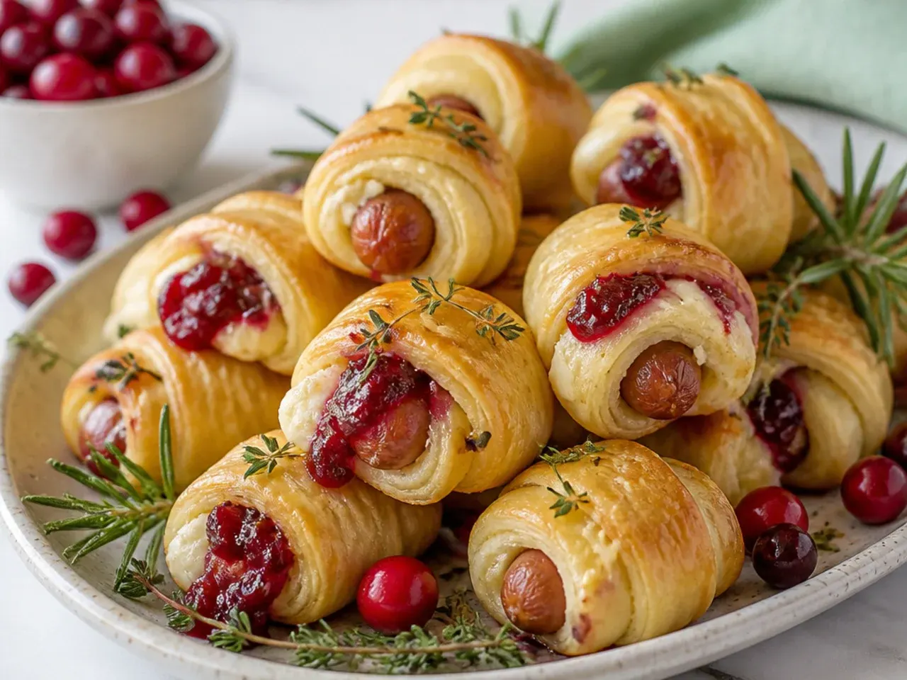 Festive cranberry brie crescent pigs in a blanket for a holiday platter