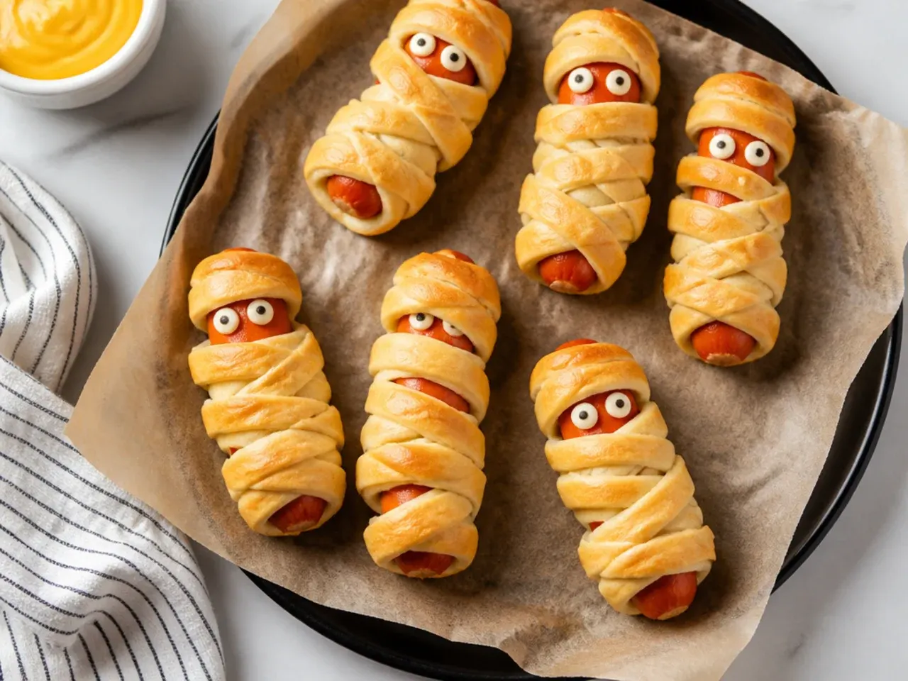 Whimsical mummy crescent pigs in a blanket with wrapped dough bandages