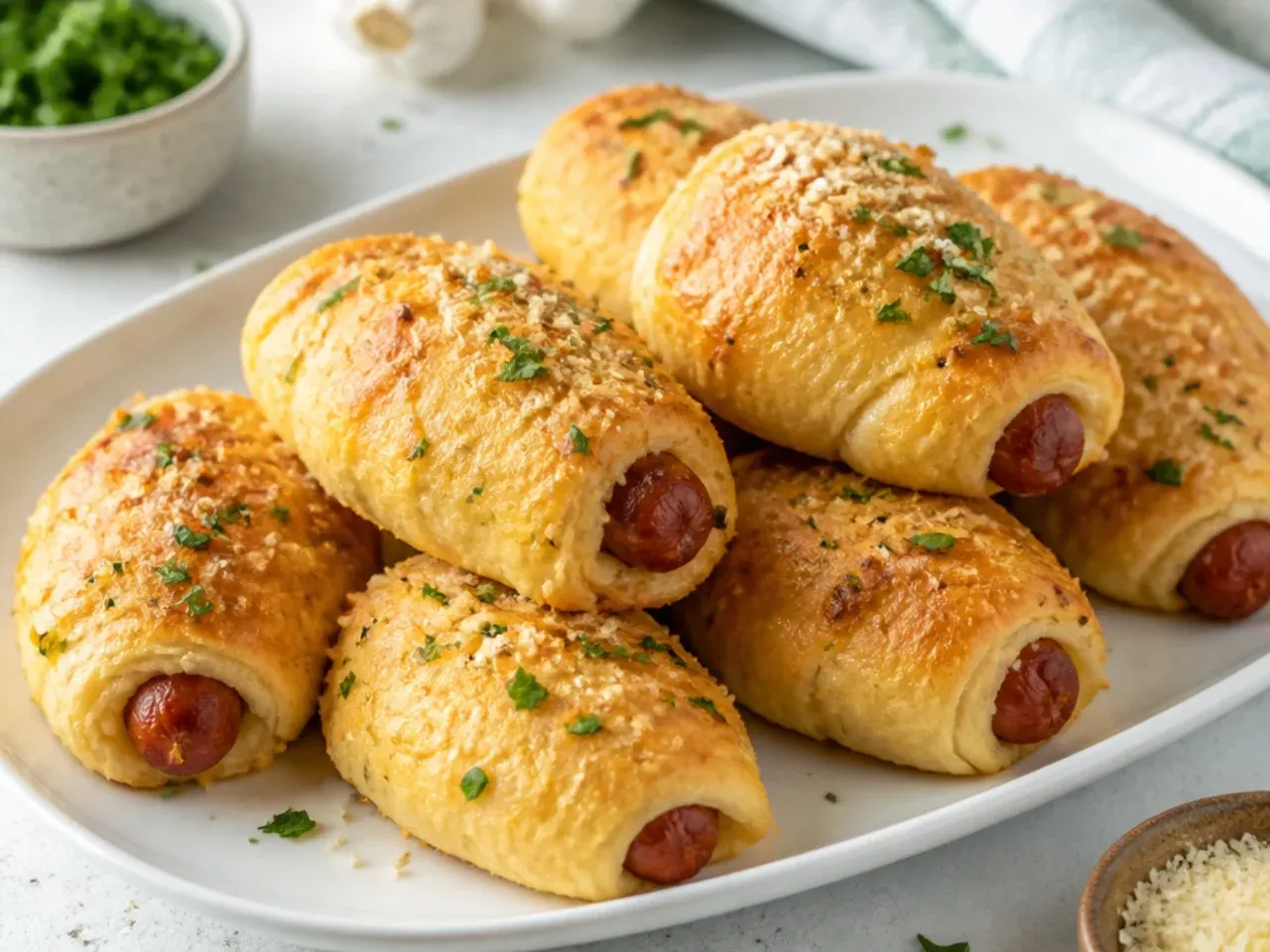 Bold garlic parmesan crescent pigs in a blanket with cheese crust and parsley