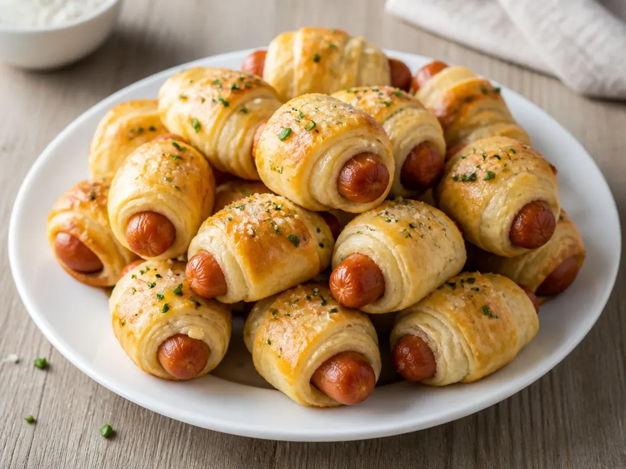 Delicate chive and sea salt crescent pigs in a blanket on a white plate