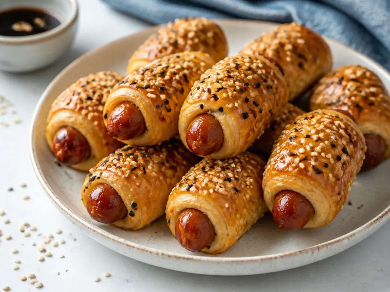 Vintage sesame soy crescent pigs in a blanket glazed with toasted seeds