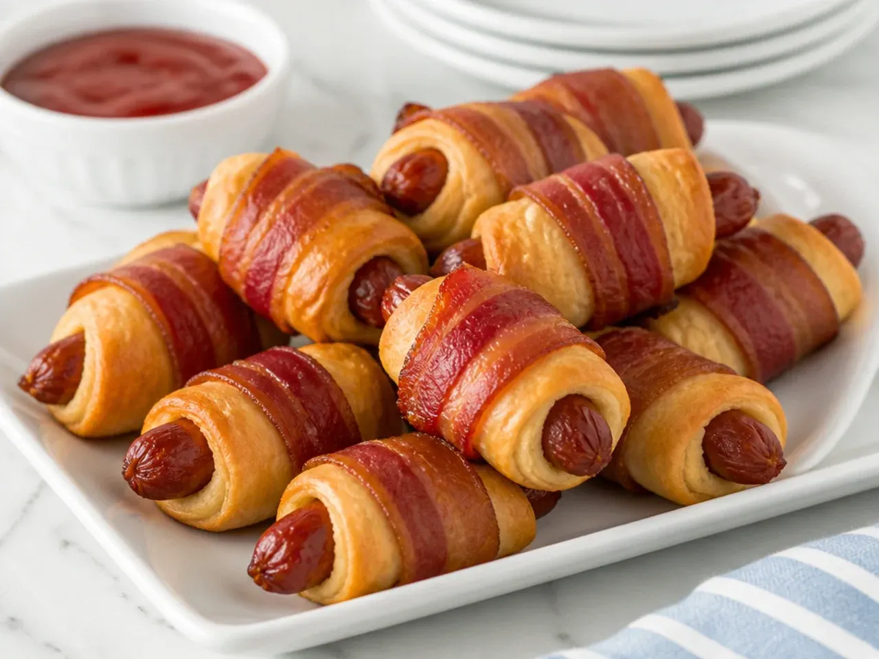 Charming bacon-wrapped crescent pigs in a blanket with crisp bacon edges