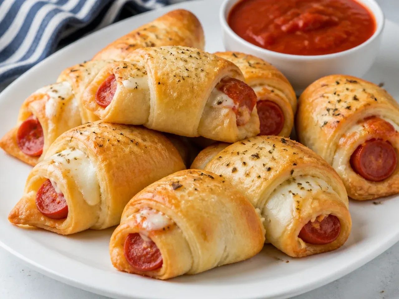 Pizza crescent pigs in a blanket with pepperoni and mozzarella and marinara
