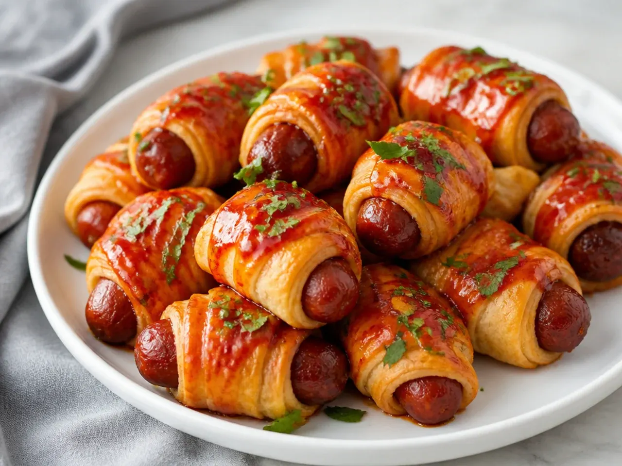 Easy spicy sriracha honey crescent pigs in a blanket with a glossy red glaze