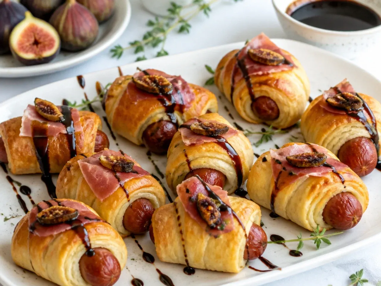 Elegant fig and prosciutto crescent pigs in a blanket with balsamic drizzle