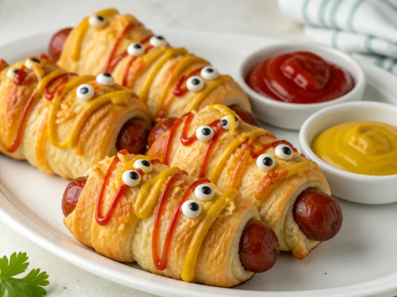 Playful cheese-topped crescent pigs in a blanket with ketchup and mustard drizzle