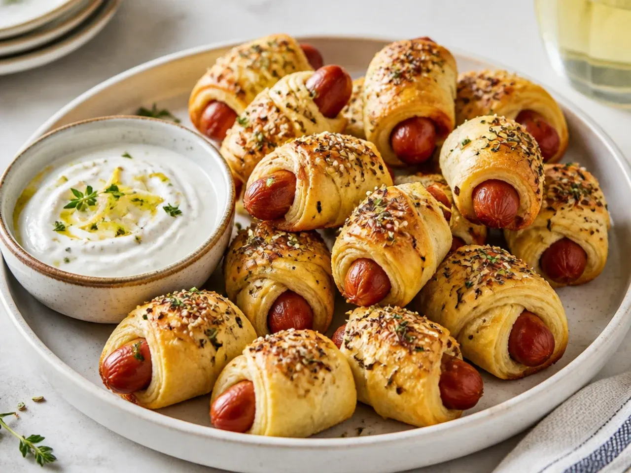 Modern za'atar crescent pigs in a blanket served with a lemony yogurt dip