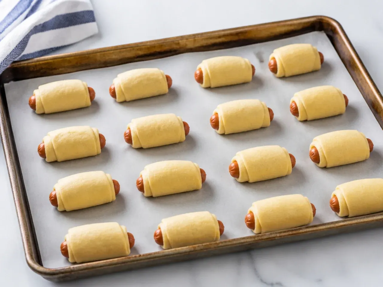 Assembling crescent pigs in a blanket seam-side down on a parchment tray