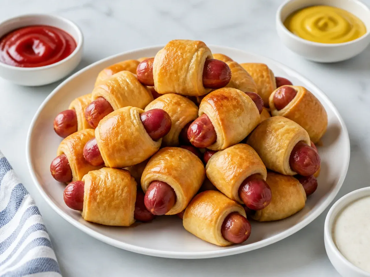 Crescent pigs in a blanket platter surrounded by ketchup mustard and ranch dips