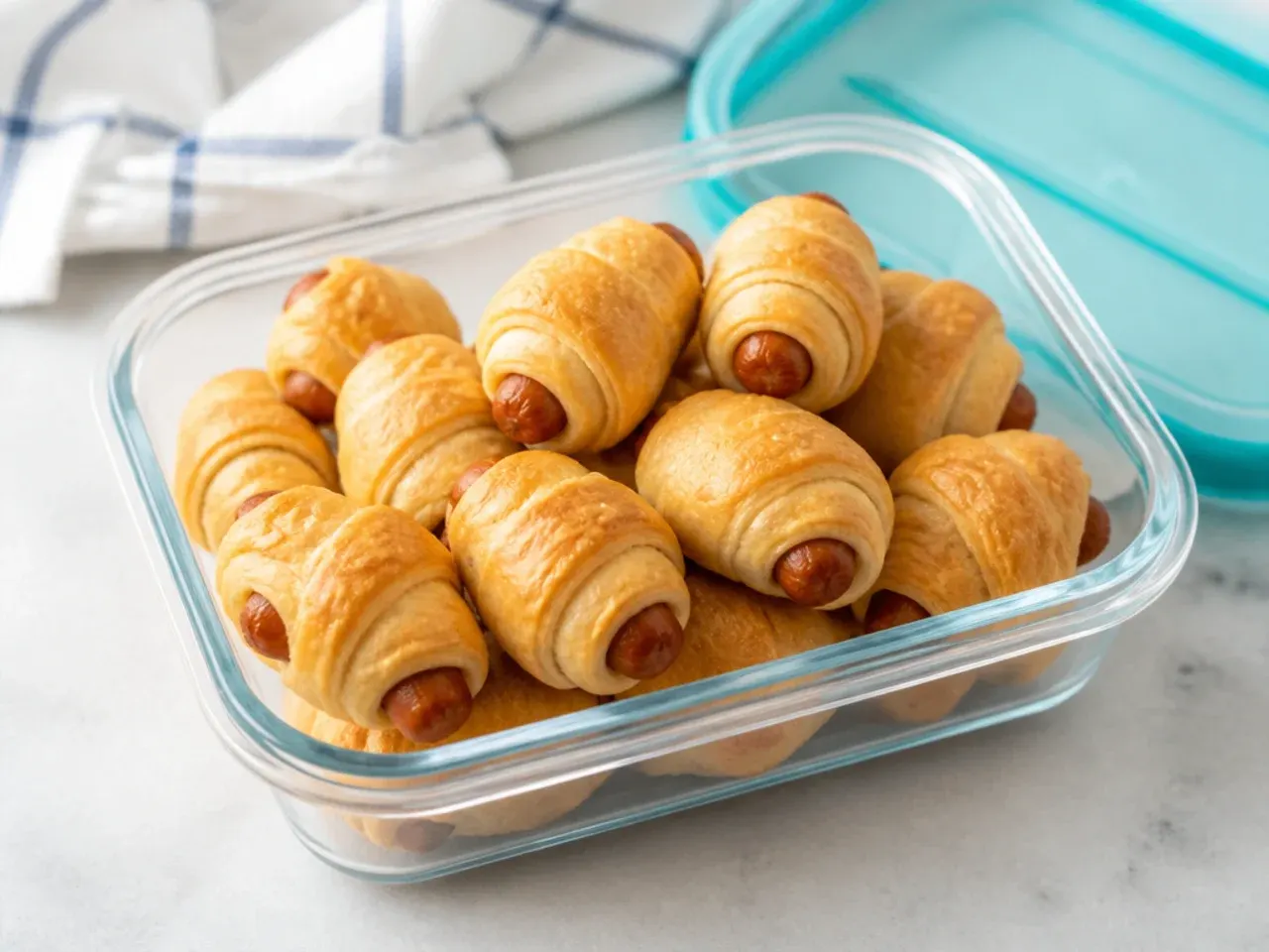 Crescent pigs in a blanket stored in a container ready to reheat crisp
