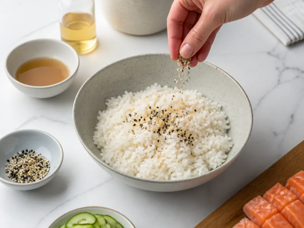 crispy salmon sushi bowl — step 2: season the rice