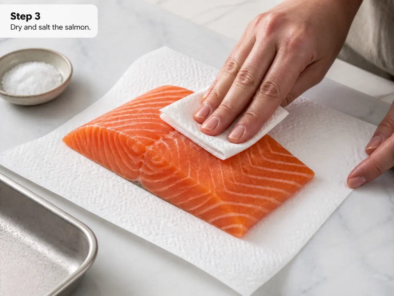 crispy salmon sushi bowl — step 3: dry and salt the salmon