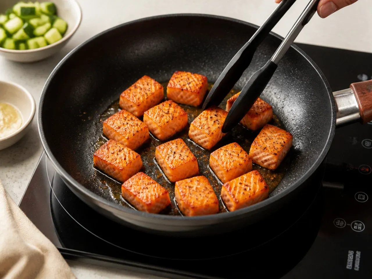 crispy salmon sushi bowl — step 4: crisp the salmon