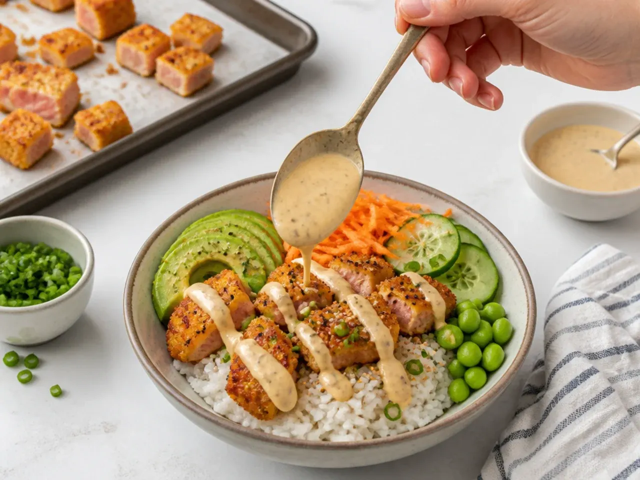 crispy salmon sushi bowl — step 7: assemble the bowls