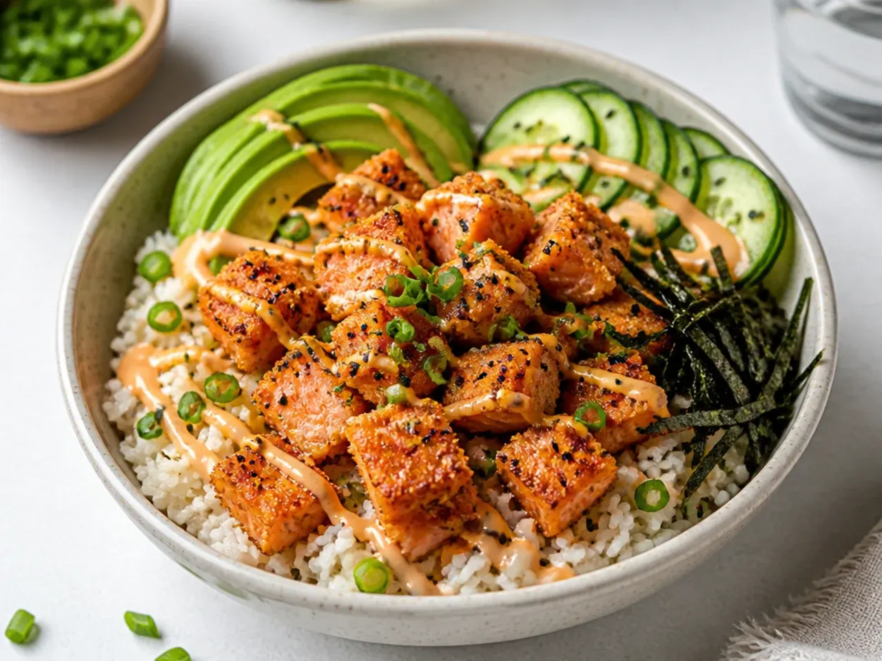 Crispy salmon sushi bowl with seasoned rice, avocado, cucumber, and spicy mayo drizzle