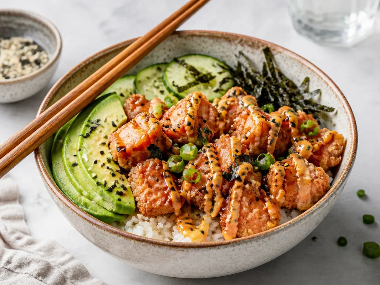 Classic crispy salmon sushi bowl with avocado, cucumber, sesame, and nori