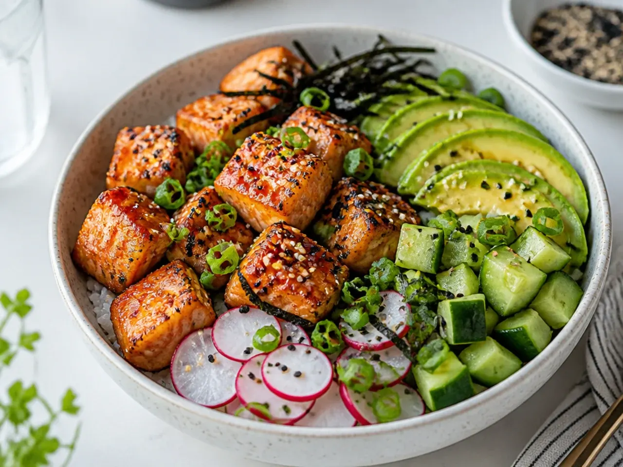 Quick weeknight crispy salmon sushi bowl made with air-fried salmon cubes