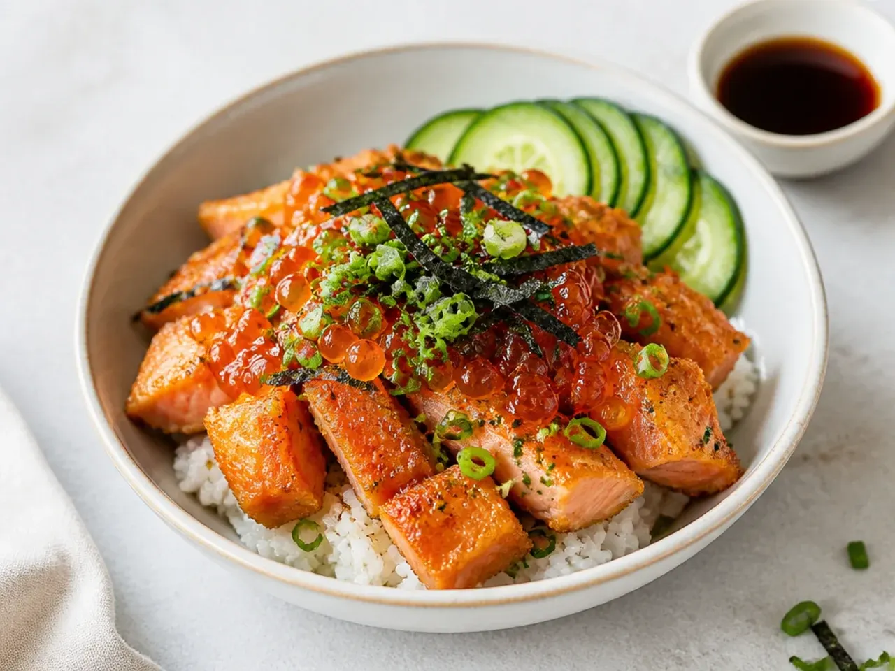 Elegant crispy salmon sushi bowl topped with ikura salmon roe and ponzu