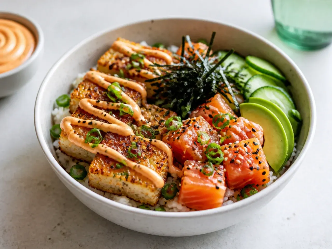 Crispy rice salmon sushi bowl with fried rice squares and spicy mayo