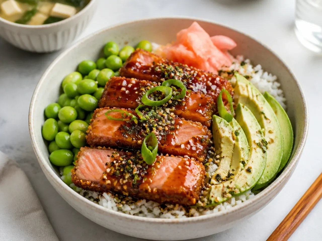Teriyaki glazed crispy salmon sushi bowl with edamame and furikake
