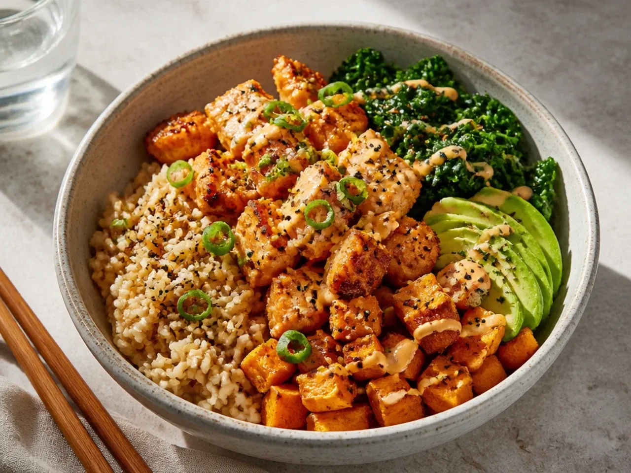 Rustic brown rice crispy salmon sushi bowl with kale and sweet potato
