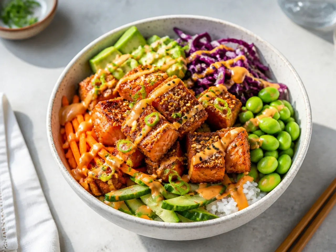 Colorful rainbow crispy salmon sushi bowl with cabbage, carrot, and edamame