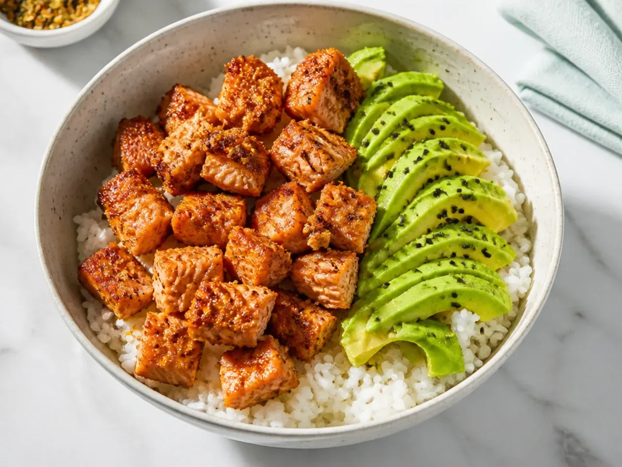 Minimal crispy salmon sushi bowl with just rice, salmon, and avocado