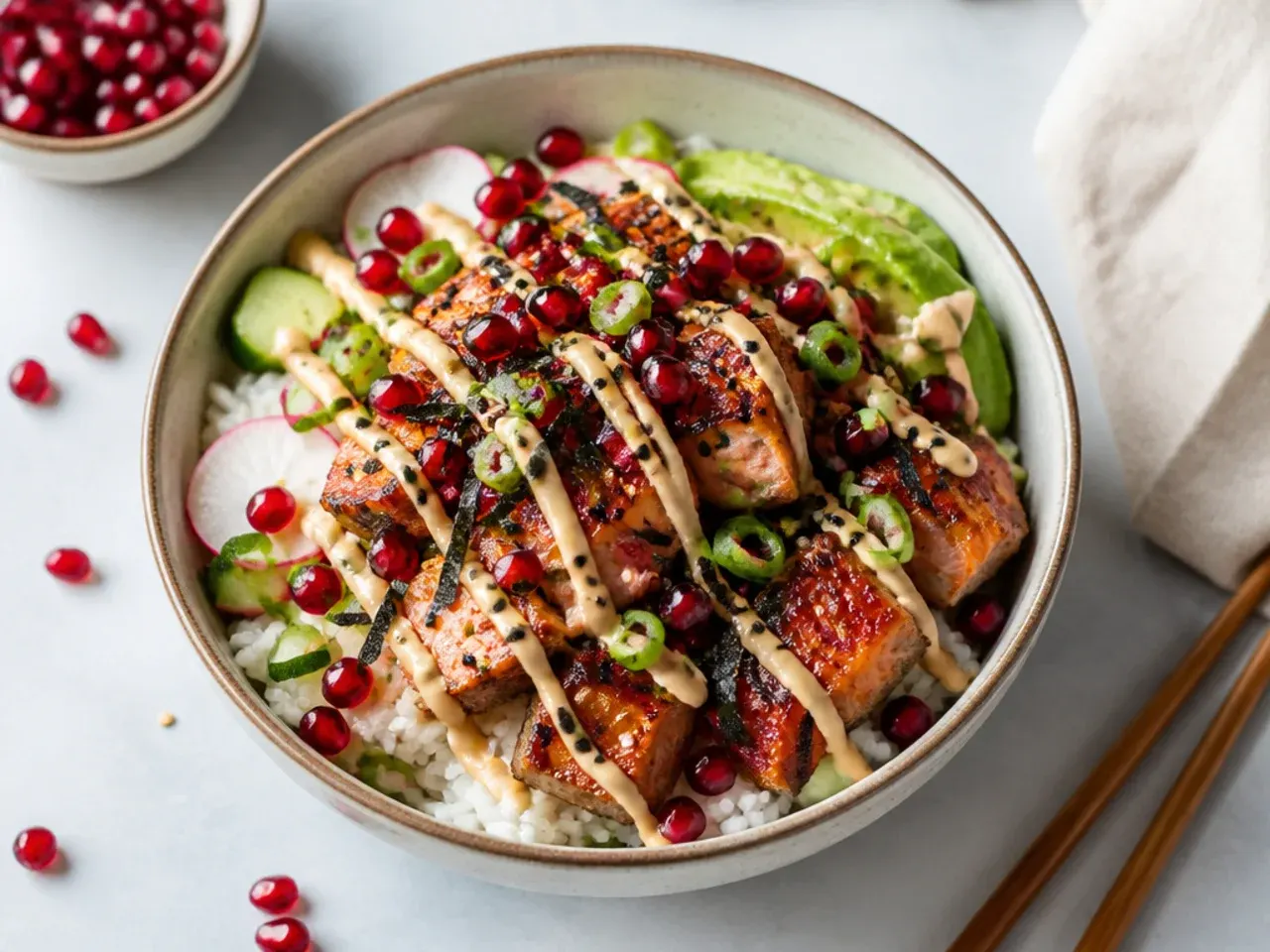 Festive crispy salmon sushi bowl with pomegranate seeds and nori