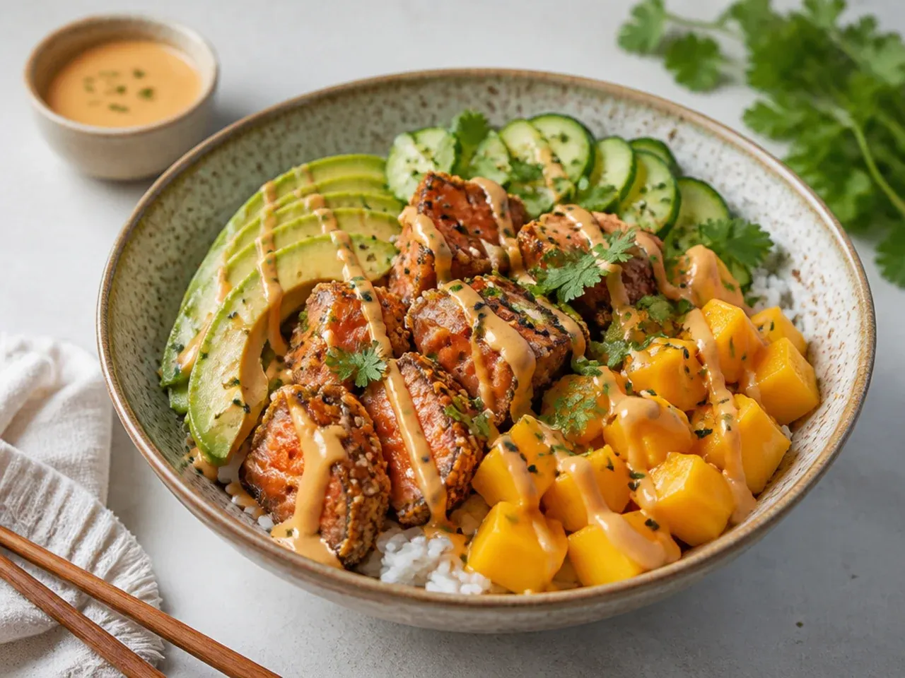 Whimsical mango avocado crispy salmon sushi bowl with cilantro