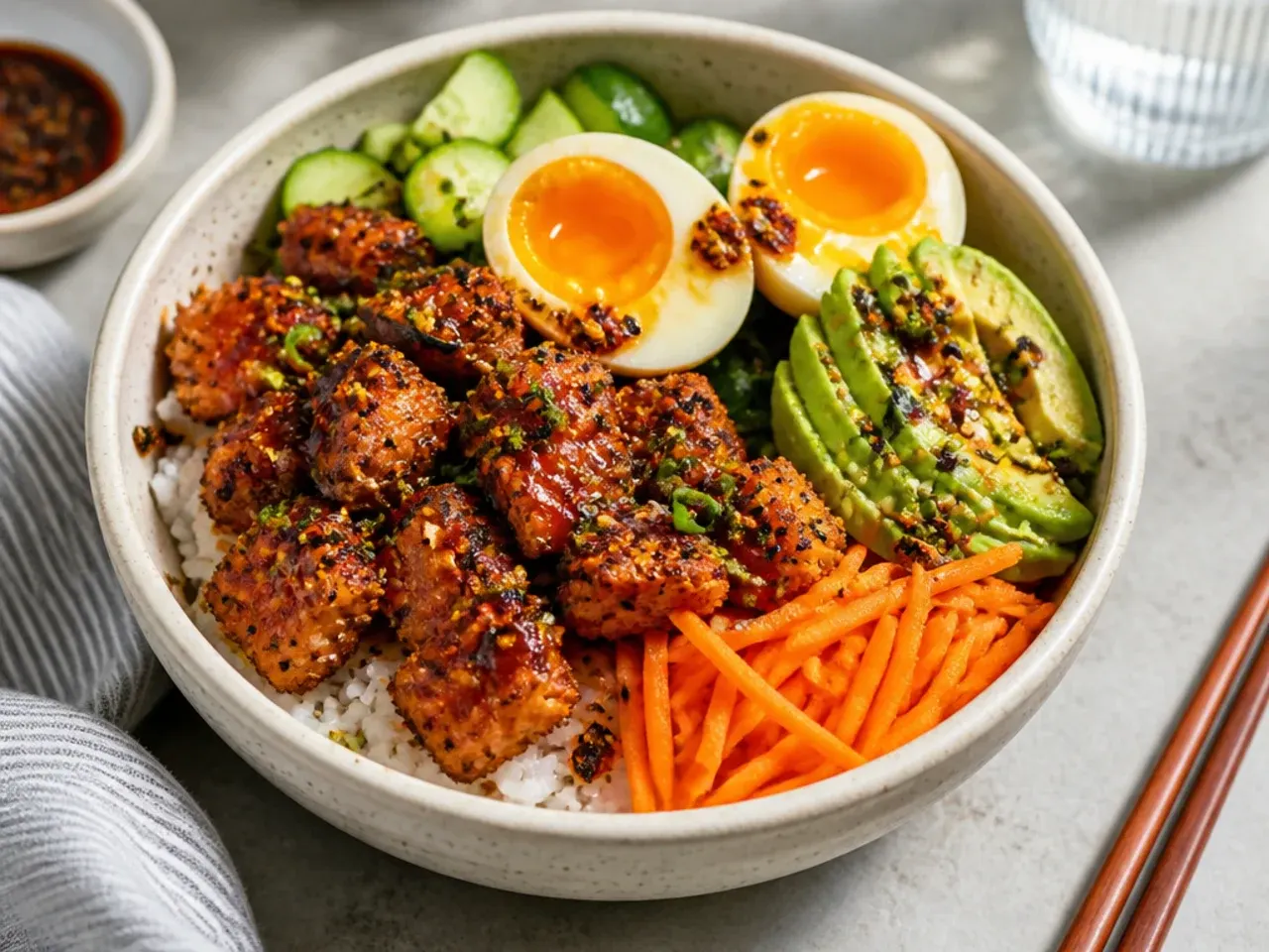 Bold gochujang crispy salmon sushi bowl with chili crisp and jammy egg