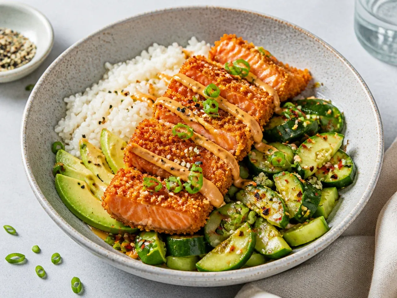 Delicate crispy salmon sushi bowl with smashed cucumber sesame salad