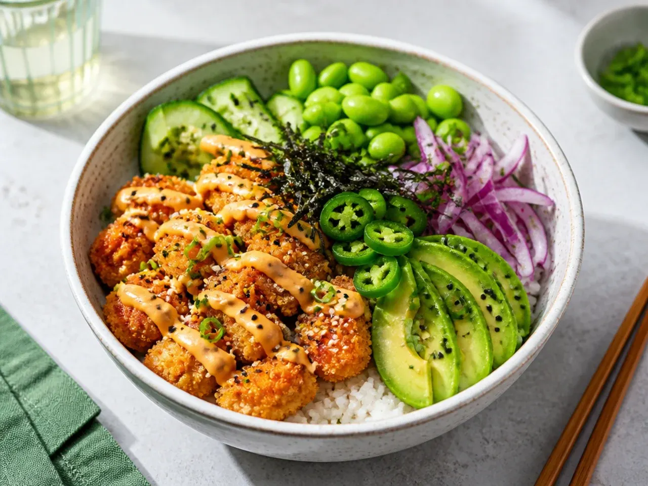 Poke-style crispy salmon sushi bowl with edamame, onion, and avocado