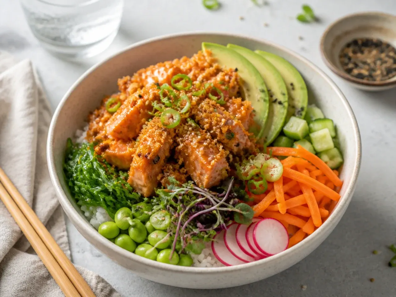 Creative crispy salmon sushi bowl topped with crunchy toasted panko