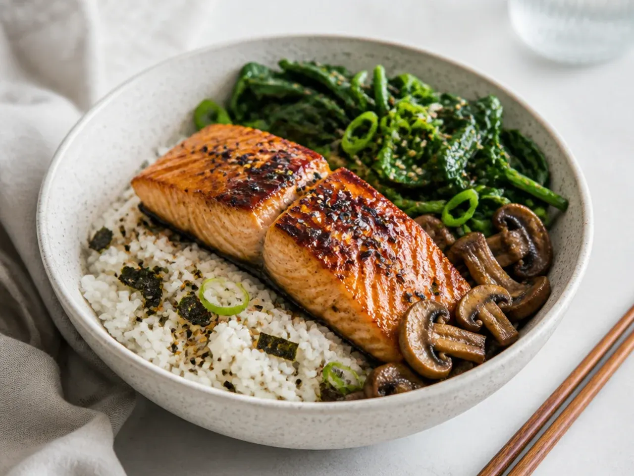 Charming miso-butter crispy salmon sushi bowl with mushrooms and spinach