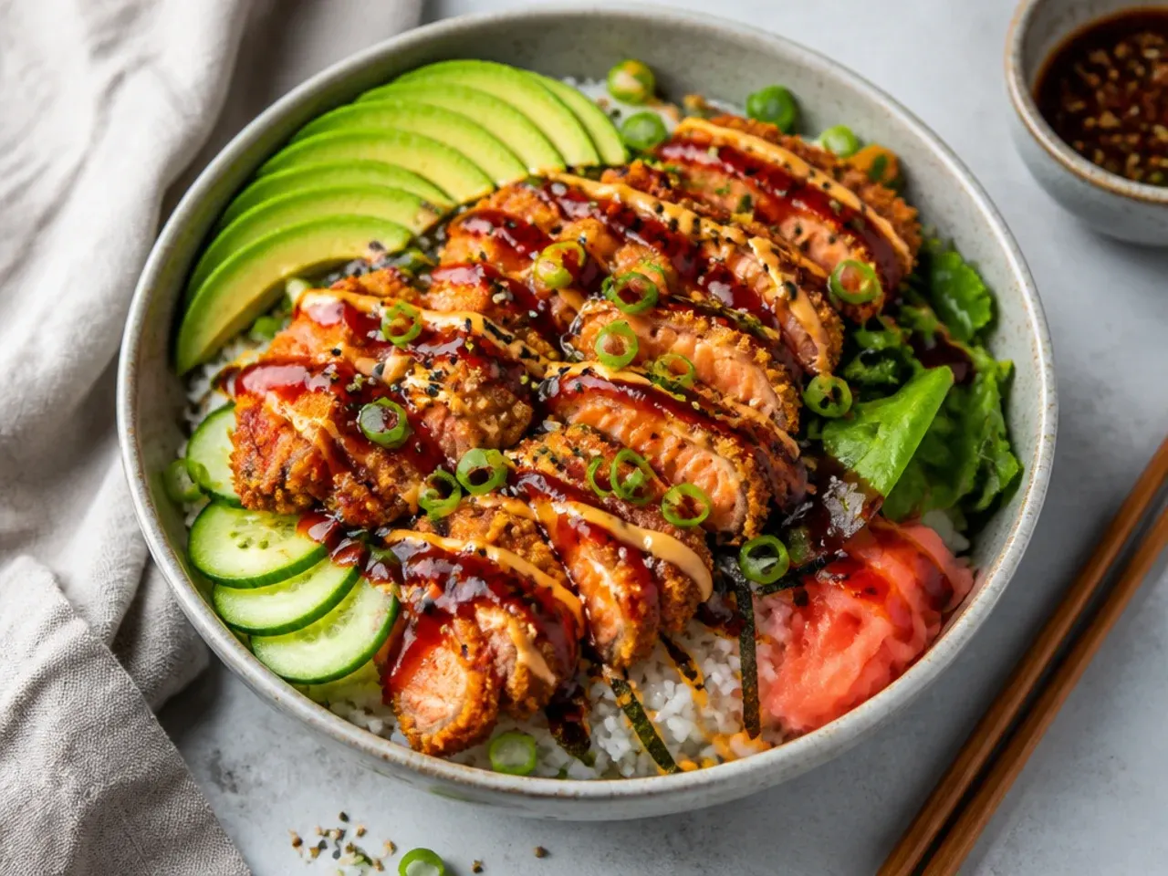 Dragon roll crispy salmon sushi bowl with fanned avocado and sweet glaze