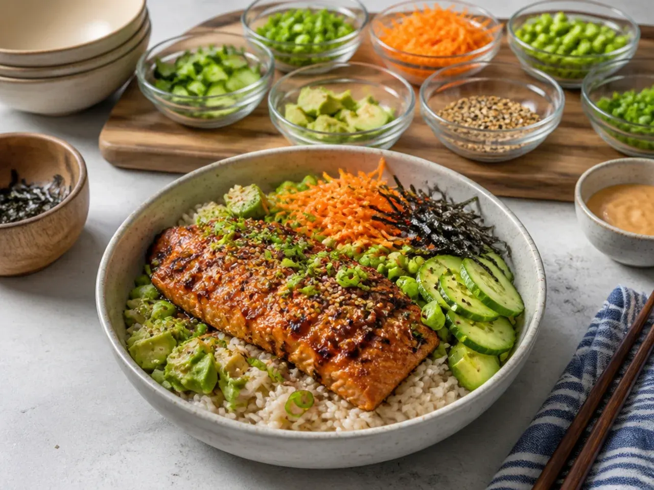 Sheet-pan crispy salmon sushi bowl prepared for a crowd with toppings bar