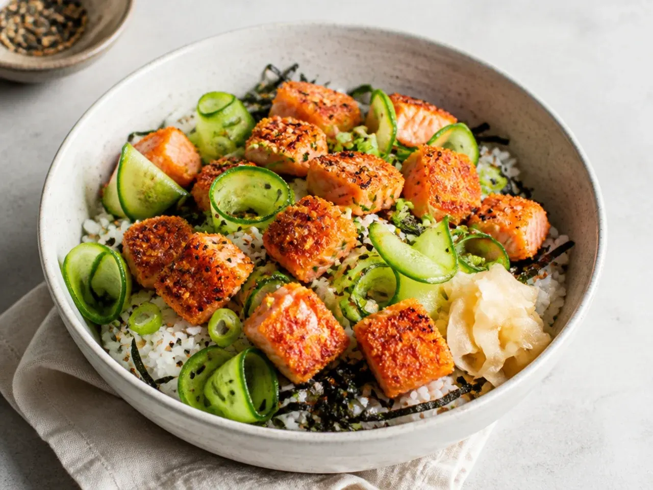 Chirashi-style crispy salmon sushi bowl with cucumber ribbons and ginger