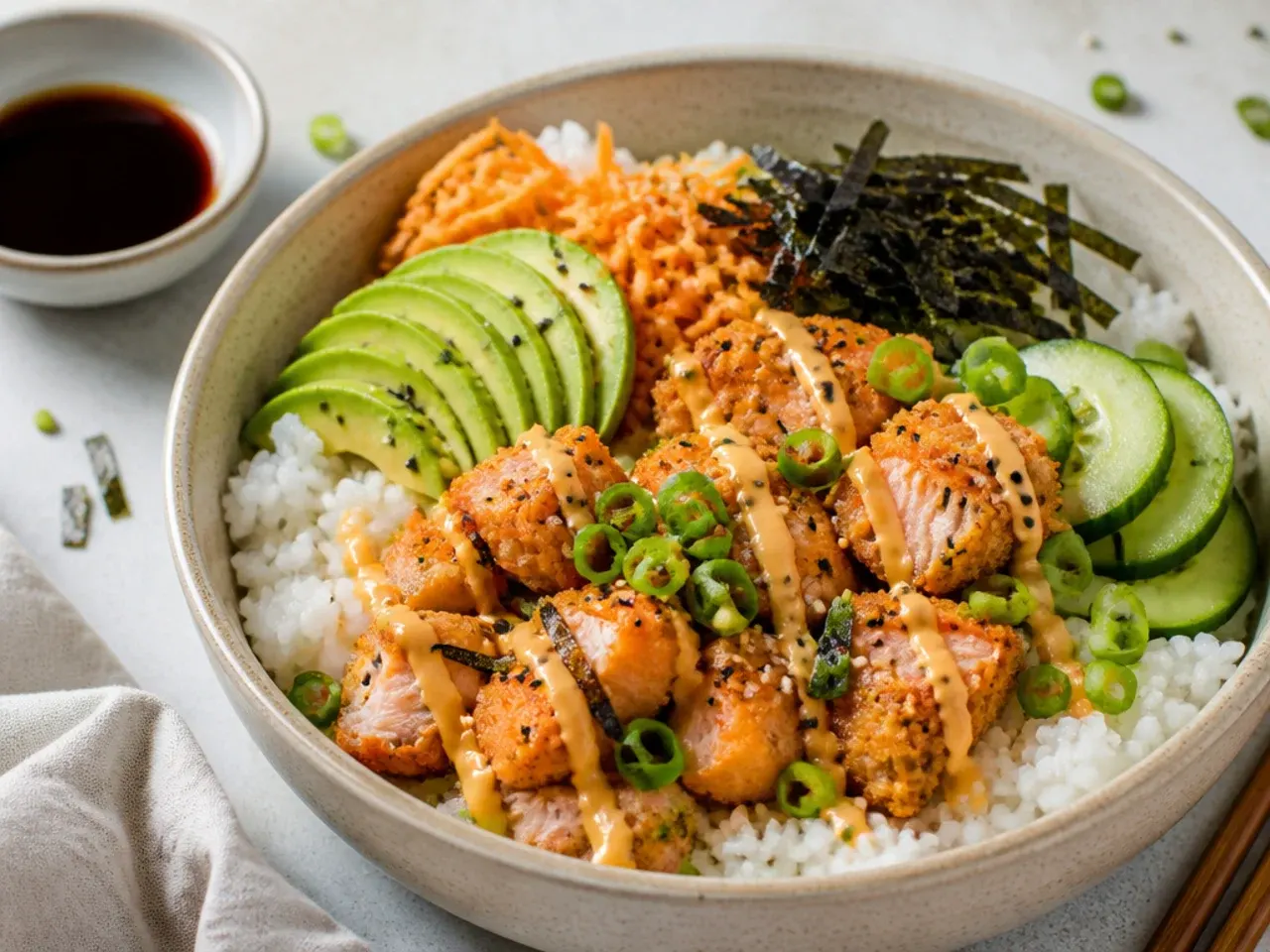 Kid-friendly deconstructed crispy salmon sushi bowl with dipping soy