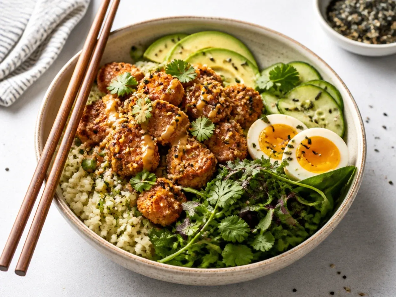 Low-carb cauliflower rice crispy salmon sushi bowl with greens and egg
