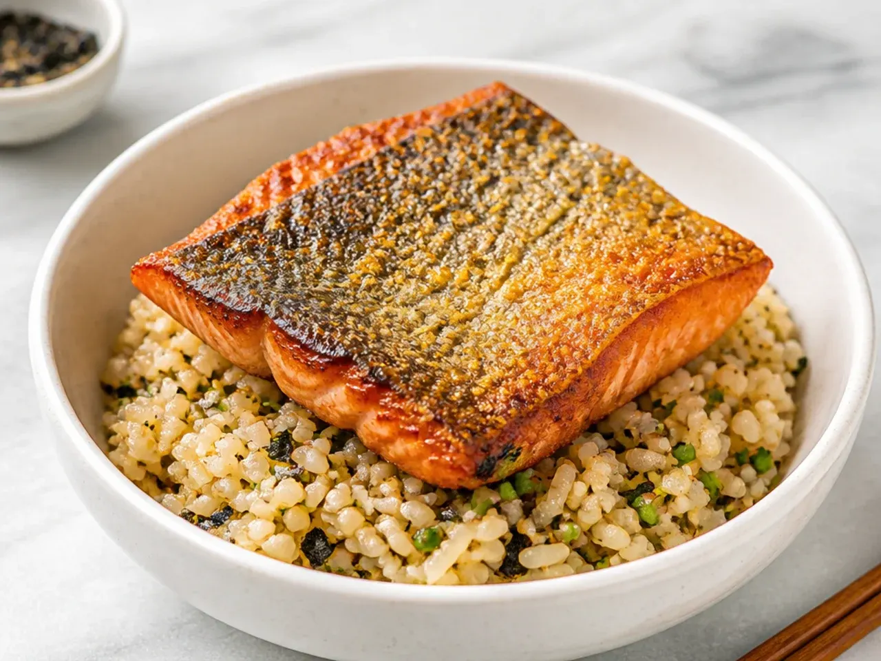 Close-up of crispy salmon skin over seasoned sushi rice showing crisp texture