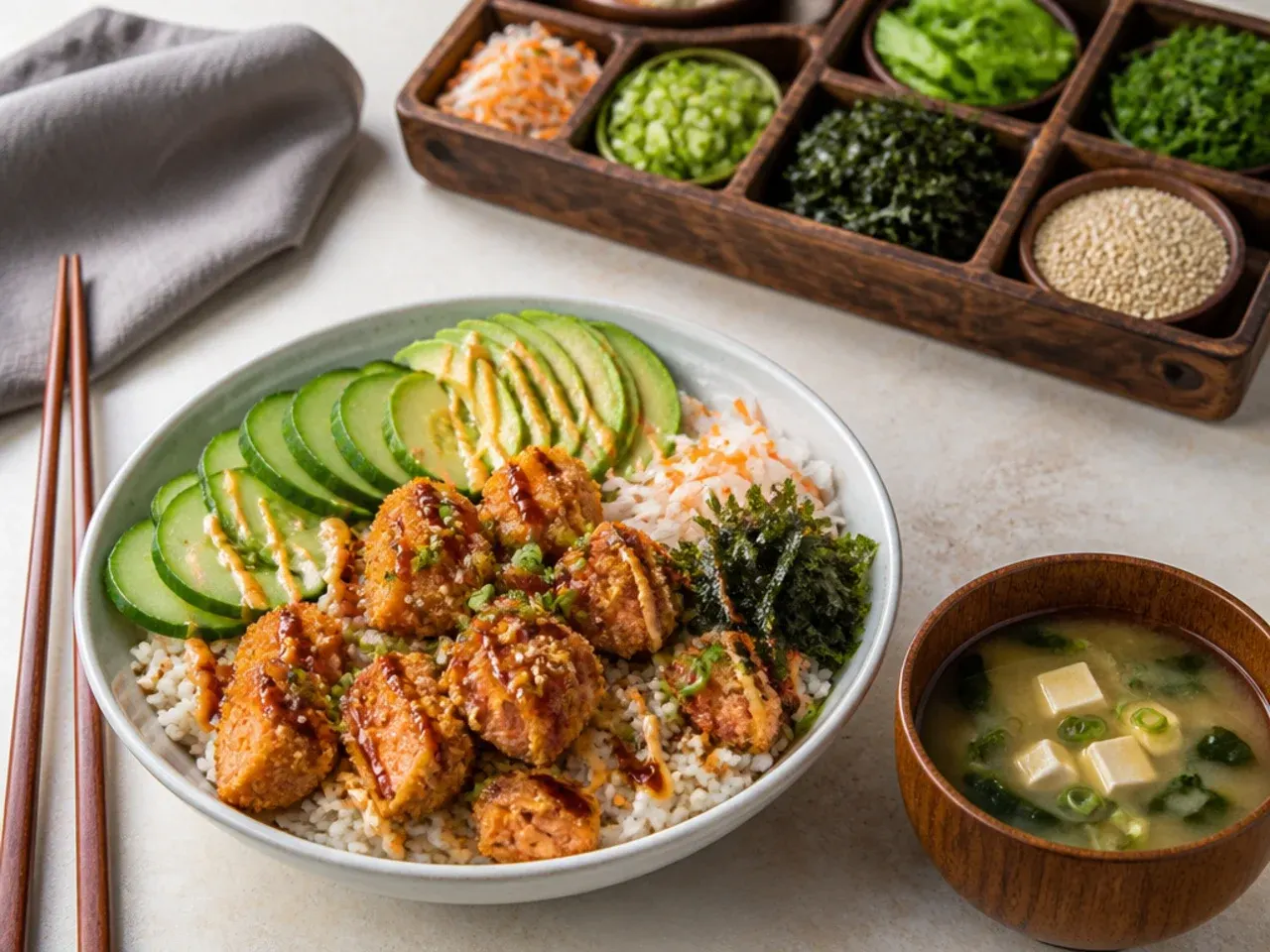 Crispy salmon sushi bowl served with miso soup and a topping bar