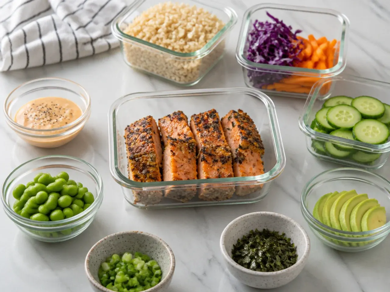 Meal-prep crispy salmon sushi bowl components stored separately in containers