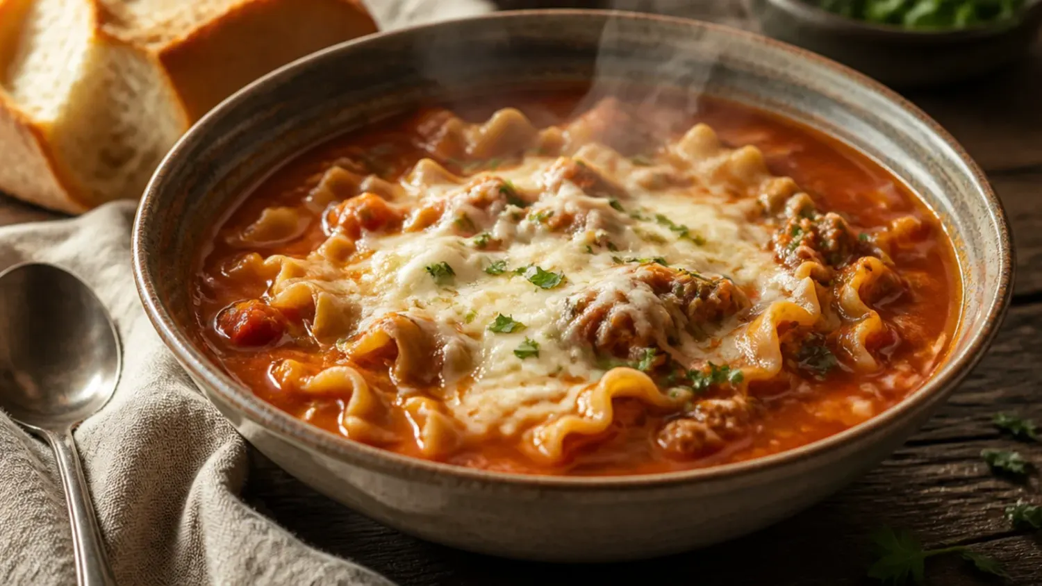 Overhead shot of crock pot lasagna soup in a white bowl topped with ricotta, melted mozzarella, and fresh basil