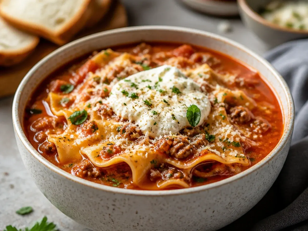 Steaming bowl of crock pot lasagna soup topped with ricotta and basil on a rustic wooden table