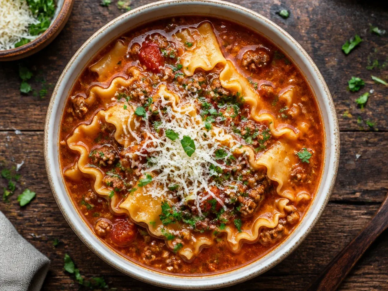 Close-up of crock pot lasagna soup with browned sausage and beef crumbles in tomato broth