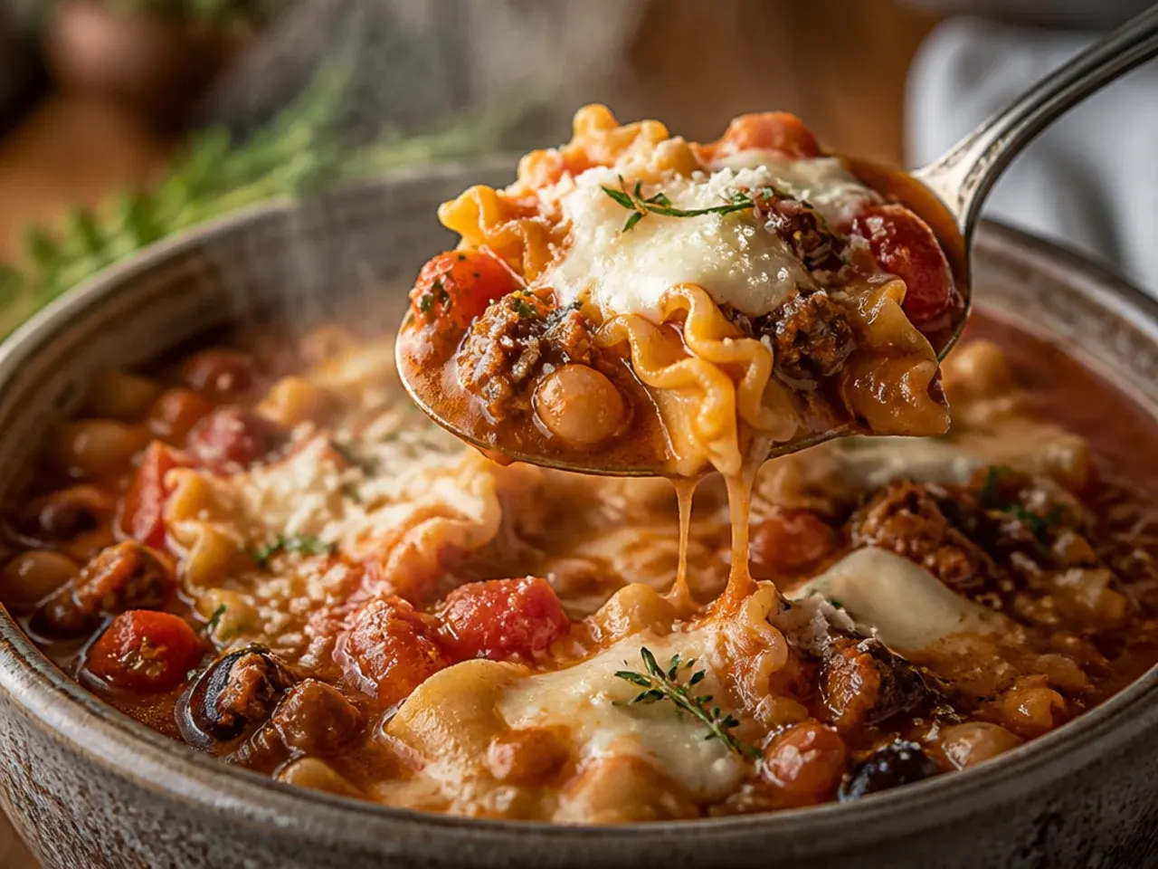 Hearty crock pot lasagna soup loaded with beans, sausage, and pasta in a deep bowl