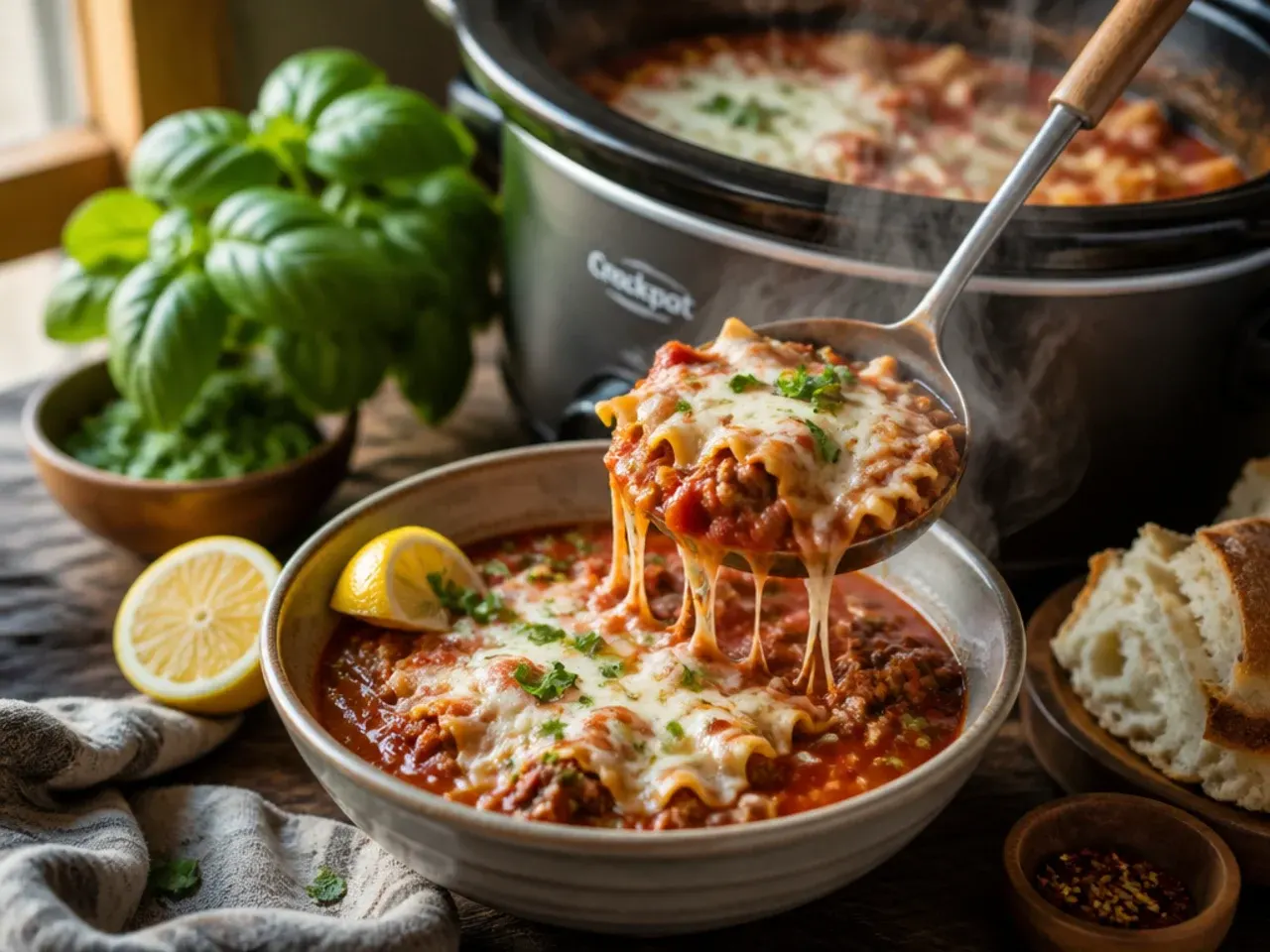 Crock pot lasagna soup with visible pockets of melted ricotta cheese throughout the broth