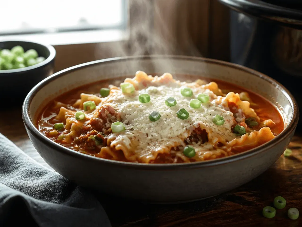 Creamy crock pot lasagna soup swirled with a rich ricotta and cream cheese topping