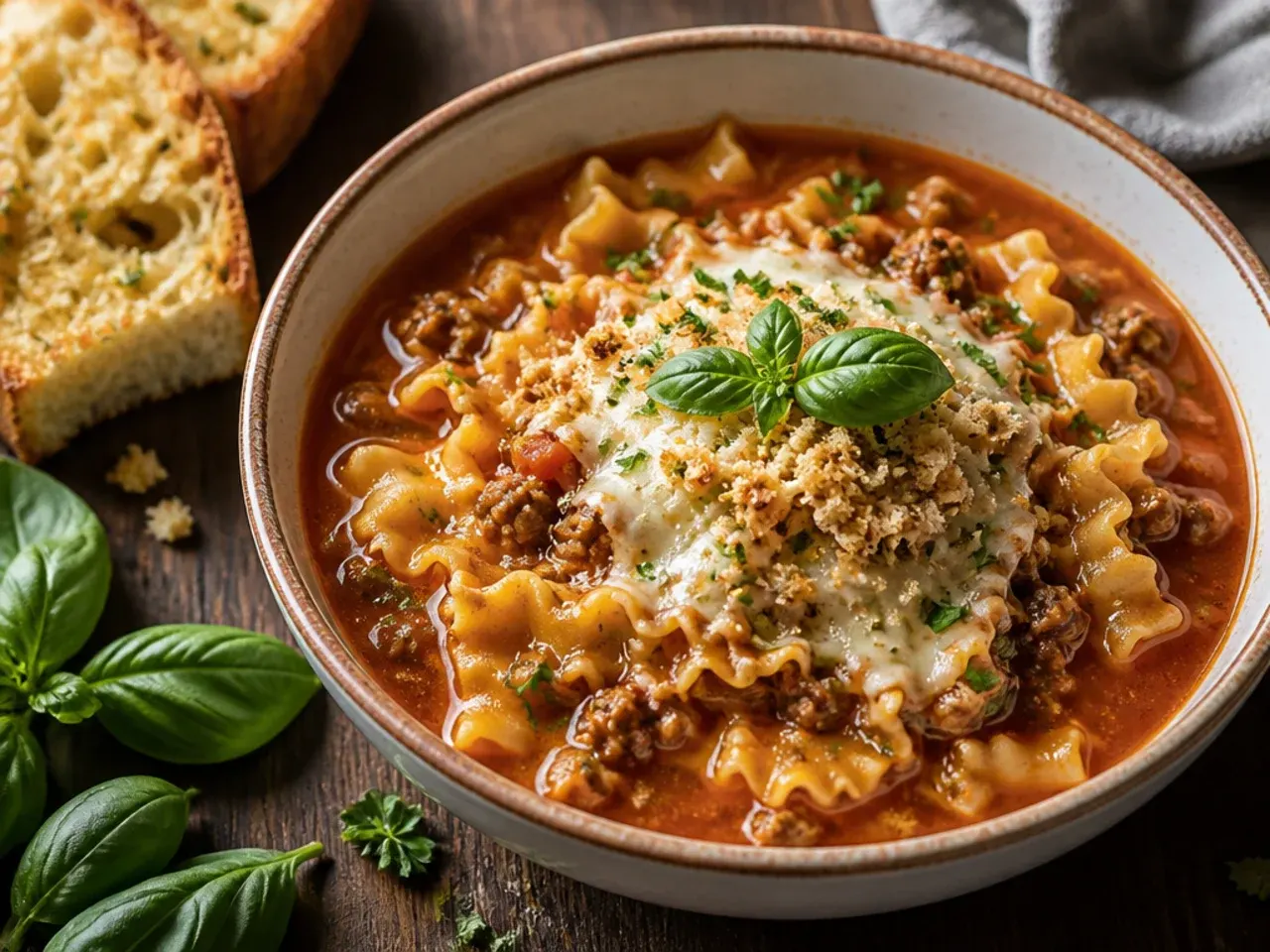 Simple ground beef crock pot lasagna soup with basic pantry ingredients